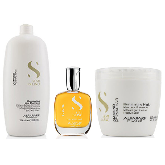 Alfaparf Semi di Lino Diamond Shampoo 1000 ml, Mask 500 ml, and Crystals 50 ml - Shiny Hair. Large Size