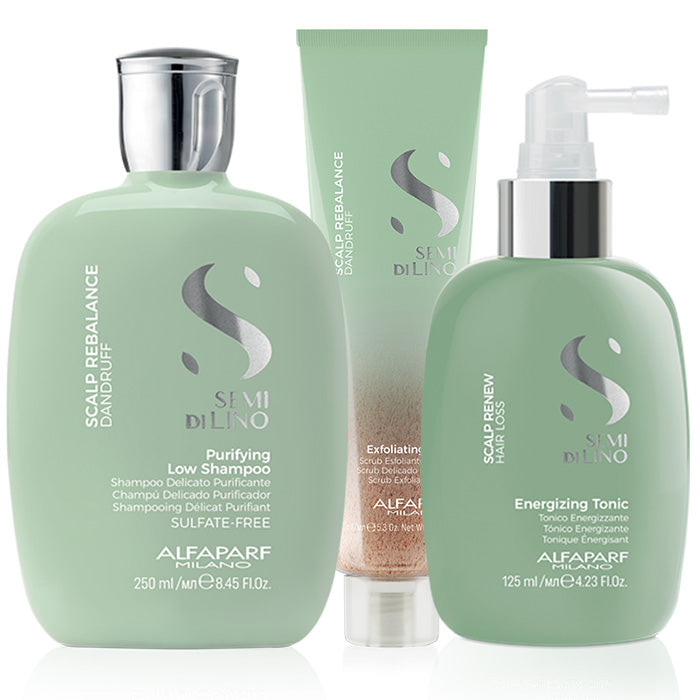 Alfaparf semi di lino scalp rebalance scrub 150 ml-shampoo purifying 250 ml e energizing tonic 125 ml - trattamento antiforfora