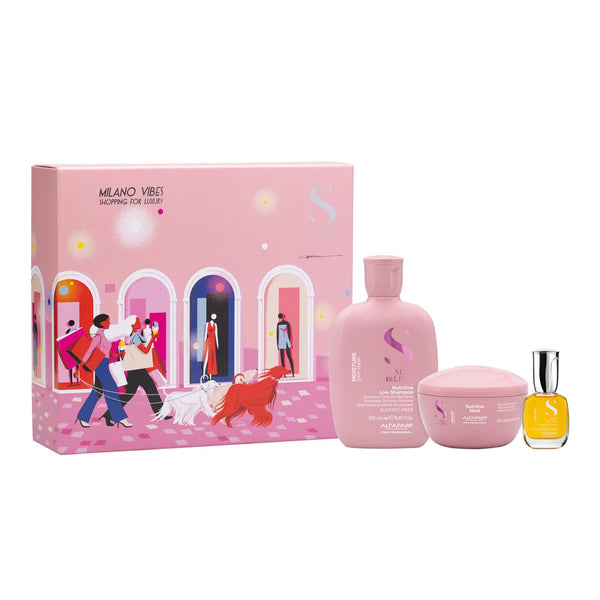 Alfaparf semi di lino moisture holiday kit shampoo 250 ml-mask 200 ml e cristalli 15 ml - per capelli secchi
