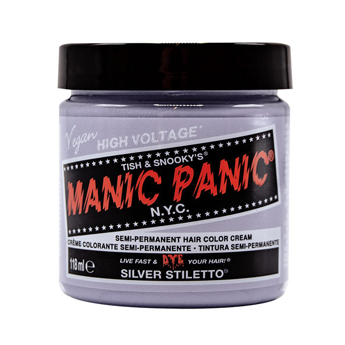 Tacones de aguja plateados de alto voltaje clásicos de Manic Panic