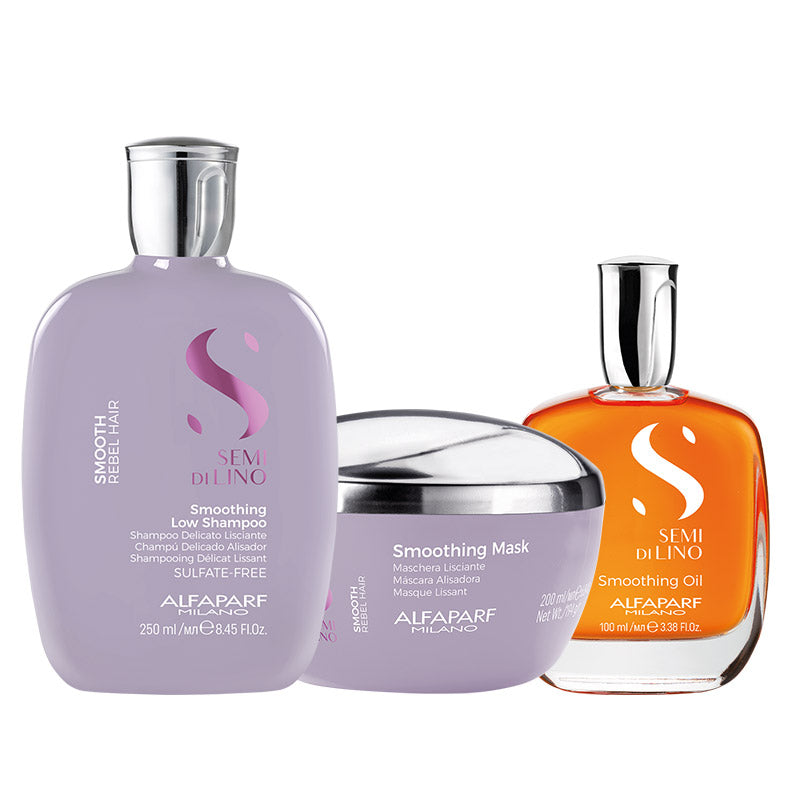 Alfaparf semi di lino smooth kit shampoo smooth 250 ml-mask 200 ml e oil 100 ml - trattamento lisciante intensivo per capelli da medi a grossi