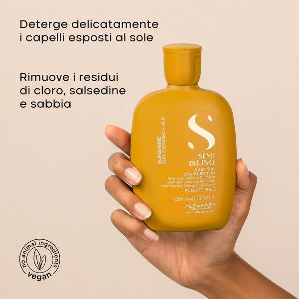 Alfaparf semi di lino sunshine after sun low shampoo 250 ml e sun treatment 200 ml - trattamento capelli doposole