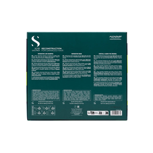 Alfaparf semi di lino reconstruction holiday kit shampoo 250 ml-mask 200 ml e cristalli 15 ml - per capelli danneggiati