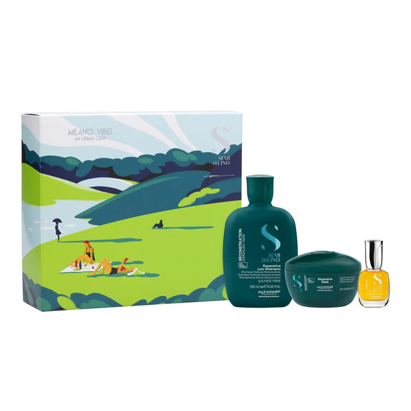 Alfaparf semi di lino reconstruction holiday kit shampoo 250 ml-mask 200 ml e cristalli 15 ml - per capelli danneggiati
