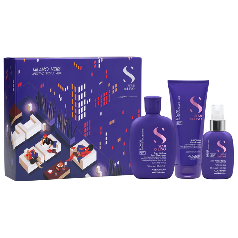 Alfaparf semi di lino blonde kit anti-yellow shampoo 250 ml - conditioner 200 ml e spray 125 ml - trattamento antigiallo