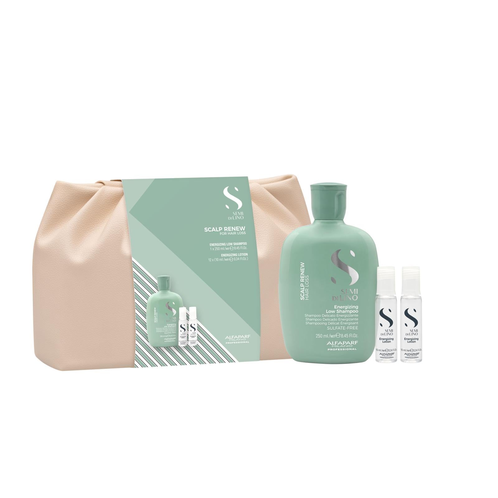 Alfaparf semi di lino Duo Kit CON POCHETTE scalp renew shampoo energizing 250 ml e lozione 12 fiale x 10 ml - trattamento anticaduta