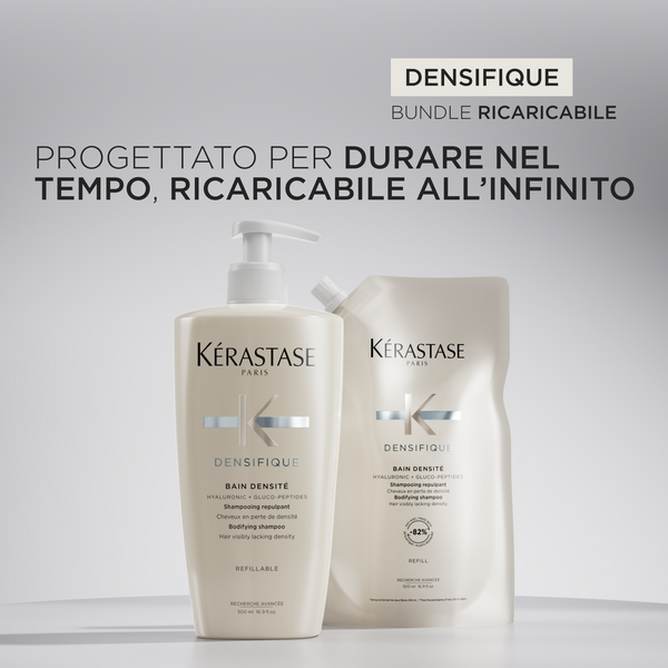 Kerastase densifique refill bain densite' - a densifying shampoo that thickens fine hair, leaving it fuller and more elastic.