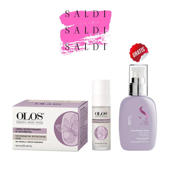 SALDI OLOS crema ristrutturante viso 50 ml e concentrato fluido di giovinezza viso 30 ml con OMAGGIO Alfaparf Semi di Lino Smoothing crema 125 ml