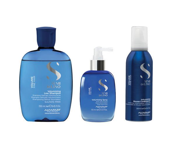 Alfaparf semi di lino volume shampoo volumizing 250 ml-mousse conditioner 200 ml e spray 125 ml - trattamento capelli fini e sottili