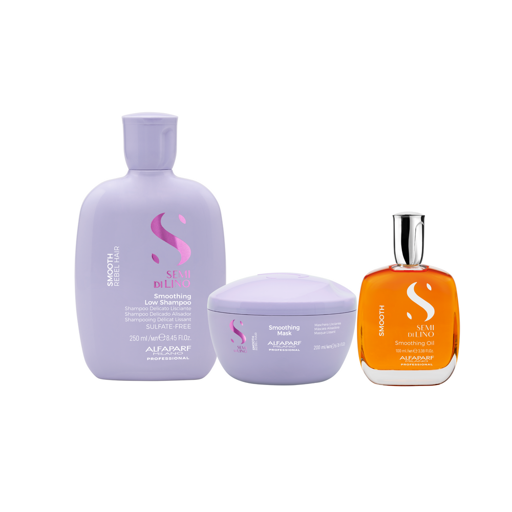 Alfaparf semi di lino smooth kit shampoo smooth 250 ml-mask 200 ml e oil 100 ml - trattamento lisciante intensivo per capelli da medi a grossi