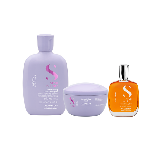 Alfaparf semi di lino smooth kit shampoo smooth 250 ml-mask 200 ml e oil 100 ml - trattamento lisciante intensivo per capelli da medi a grossi